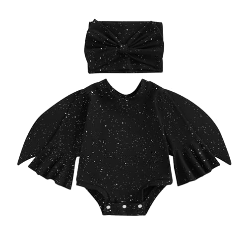 Alaurbeauty Halloween-Kostüm für Babys, Mädchen, schwarze Fledermaus, ausgestellt, langärmelig, Strampler und Flügel, Stirnband, 3-teiliges Outfit-Set (Black, 18-24 Months) von Alaurbeauty