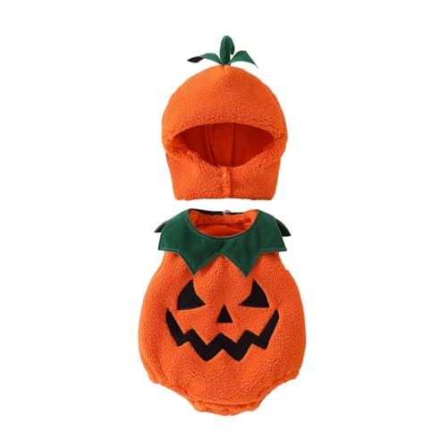 Alaurbeauty Halloween-Kürbis-Kostüm-Set, Kleinkind, Halloween-Cosplay, süßes Plüschkostüm, Partygeschenk mit Babymütze (Orange, 0-3 Months) von Alaurbeauty