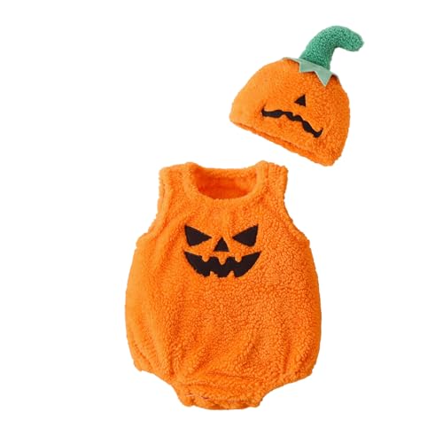 Alaurbeauty Halloween-Kürbis-Kostüm-Set, Kleinkind, Halloween-Cosplay, süßes Plüschkostüm, Partygeschenk mit Babymütze (Yellow, 12-18 Months) von Alaurbeauty