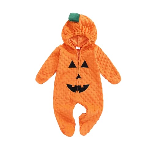 Alaurbeauty Halloween-Kürbiskostüm für Kleinkinder, Babys, Jungen und Mädchen, Kürbis-Teufelsgesicht, Reißverschluss, langärmelig, mit Kapuze, Fußspielanzug (Orange, 0-3 Months) von Alaurbeauty