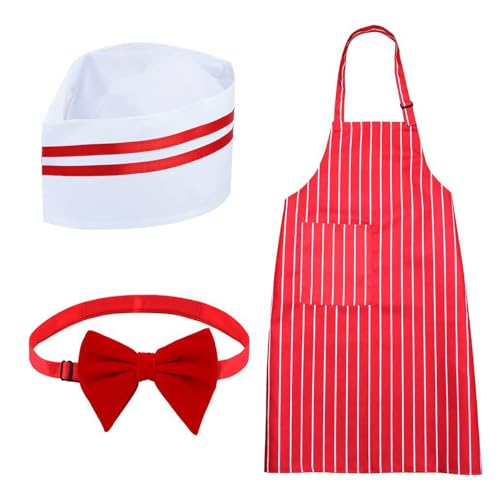 Alaurbeauty Kellnerkostüm-Set, 3-teiliges Karnevalskostüm für Erwachsene, rot-weiß gestreifte Schürze mit 1 Tasche, Kochmütze, rote Fliege, Karnevalskostüm der 1950er Jahre, Karn (Red, S) von Alaurbeauty