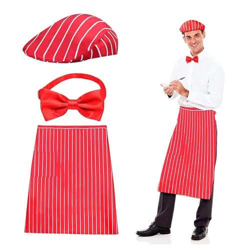 Alaurbeauty Kellnerkostüm-Set, 3-teiliges Karnevalskostüm für Erwachsene, rot-weiß gestreifte Schürze mit 1 Tasche, Kochmütze, rote Fliege, Karnevalskostüm der 1950er Jahre, Karn (White, S) von Alaurbeauty