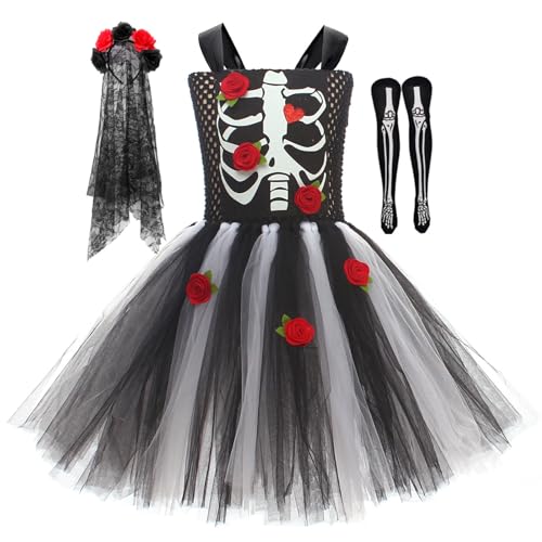 Alaurbeauty Kinder Halloween Zombie Brautkostüm Gruseliges Skelett 3D Rose Mesh Kleid Schleier und Socken 3-teiliges Set (Black, 8-9 Years) von Alaurbeauty