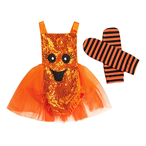 Alaurbeauty Neugeborenes Baby Mädchen Geister Kürbis Kostüm Halloween Pailletten Outfit mit Socken Geburtstagsoutfit Fotoshooting (Orange, 6-12 Months) von Alaurbeauty