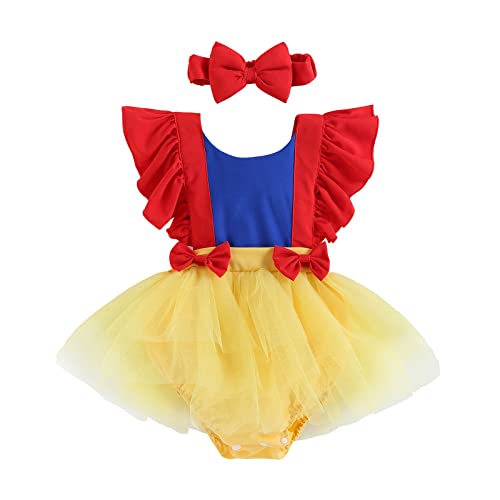 Alaurbeauty Neugeborenes Baby Mädchen Strampler Schneewittchen Cosplay Kostüm Säuglingsbody Strampler Spielanzug 2PC Sommer Outfits Set (Red Blue Yellow, 6-12 Months) von Alaurbeauty