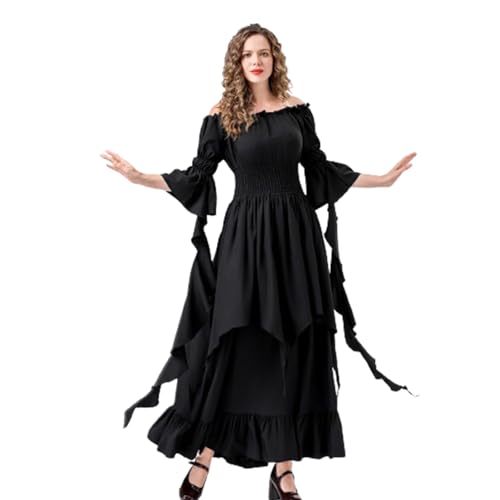 Alaurbeauty Renaissance-Kleid für Damen, mittelalterliches Kostüm, viktorianische Kleider, Bauern-Gotik, Fee, Hexe, Hochzeit, Unterkleid (Black, M) von Alaurbeauty