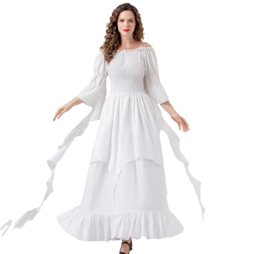 Alaurbeauty Renaissance-Kleid für Damen, mittelalterliches Kostüm, viktorianische Kleider, Bauern-Gotik, Fee, Hexe, Hochzeit, Unterkleid (White, L) von Alaurbeauty