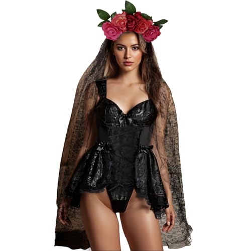 Alaurbeauty Tag der Toten-Kostüm für Damen, Vintage-Korsett-Bodysuit ohne Ärmel und Schleier, Blumen-Stirnband-Set (Black, L) von Alaurbeauty