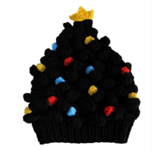 Alaurbeauty Weihnachts-Wintermütze, Weihnachtsbaum, gestrickte Häkelmütze mit Stern, Urlaubskostüm, Mütze für Erwachsene, Frauen, Männer und Kinder (Black Kid, One Size) von Alaurbeauty
