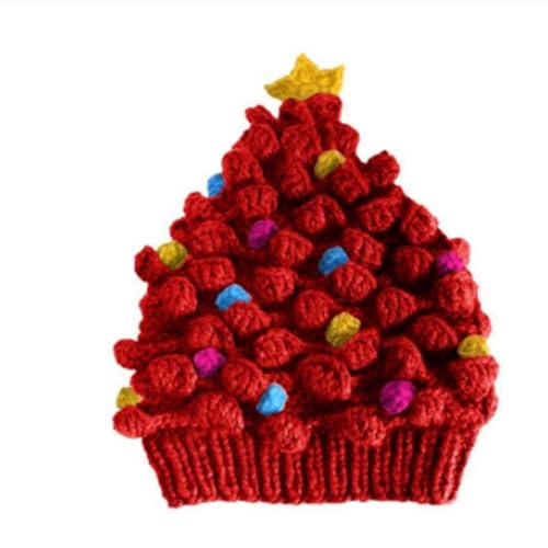 Alaurbeauty Weihnachts-Wintermütze, Weihnachtsbaum, gestrickte Häkelmütze mit Stern, Urlaubskostüm, Mütze für Erwachsene, Frauen, Männer und Kinder (Red Kid, One Size) von Alaurbeauty