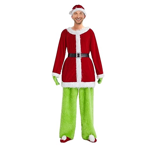 Alaurbeauty Weihnachtsmann Kostüm Herren, 7-teiliges Grinchcostume Cosplay Kostüm ChristmasGrinch Weihnachten Grüne Outfit Party Suit, Weihnachts Kostüm für Herren/Erwachsene (Suit, Rotd, XXXL) von Alaurbeauty