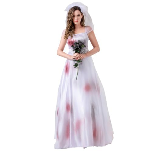 Alaurbeauty Zombie Blutige Braut Kostüm für Damen Leichenkleid Halloween Cosplay Party Horror Zombie Geisterbraut Cosplay Kostüm (White, S) von Alaurbeauty