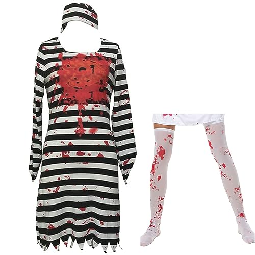 Alaurbeauty Zombie Sträfling Kostüm für Damen Gefangene Halloween Kleid Horror Party Fasching Karneval (Striped, M) von Alaurbeauty