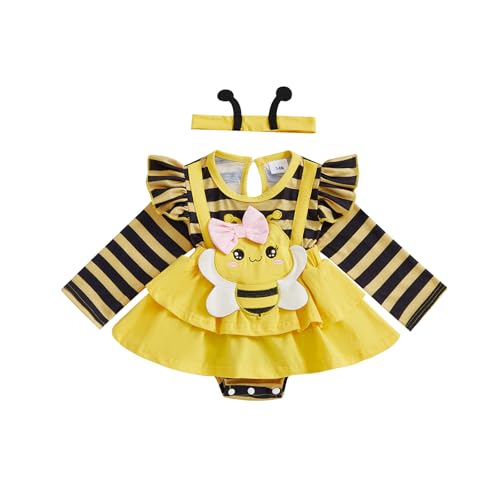 Baby Mädchen Bienen Strampler Kleid Neugeborene Bienen Herbst Winter Kleidung Säugling Gestreifte Overalls mit Stirnband Baby Mädchen Halloween Outfit (Yellow, 6-9 Months) von Alaurbeauty