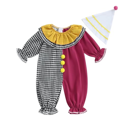 Clownkostüm für Kleinkinder und Babys, Jungen und Mädchen, lustiges Halloween-Outfit, kontrastfarben, langärmeliger Overall mit Hut (Black, 18-24 Months) von Alaurbeauty