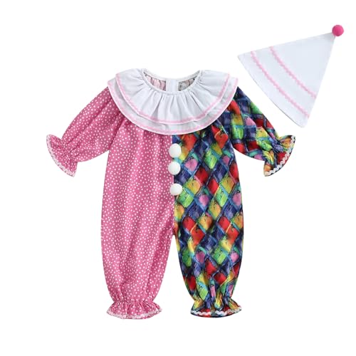 Clownkostüm für Kleinkinder und Babys, Jungen und Mädchen, lustiges Halloween-Outfit, kontrastfarben, langärmeliger Overall mit Hut (Pink, 12-18 Months) von Alaurbeauty