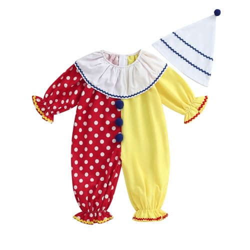 Clownkostüm für Kleinkinder und Babys, Jungen und Mädchen, lustiges Halloween-Outfit, kontrastfarben, langärmeliger Overall mit Hut (Red, 12-18 Months) von Alaurbeauty