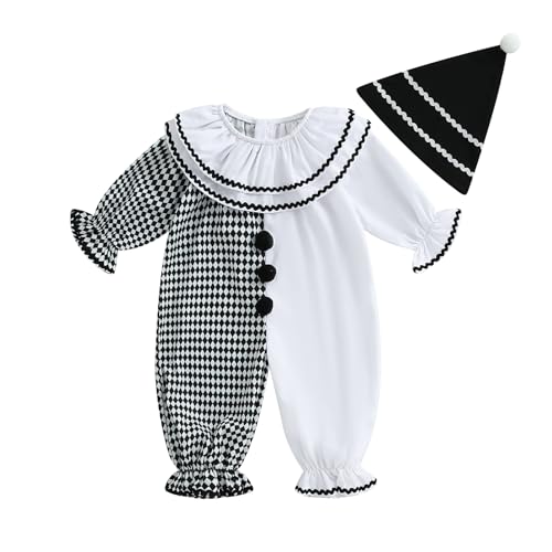 Clownkostüm für Kleinkinder und Babys, Jungen und Mädchen, lustiges Halloween-Outfit, kontrastfarben, langärmeliger Overall mit Hut (White, 6-12 Months) von Alaurbeauty