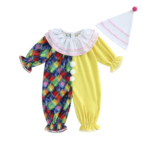 Clownkostüm für Kleinkinder und Babys, Jungen und Mädchen, lustiges Halloween-Outfit, kontrastfarben, langärmeliger Overall mit Hut (Yellow, 6-12 Months) von Alaurbeauty