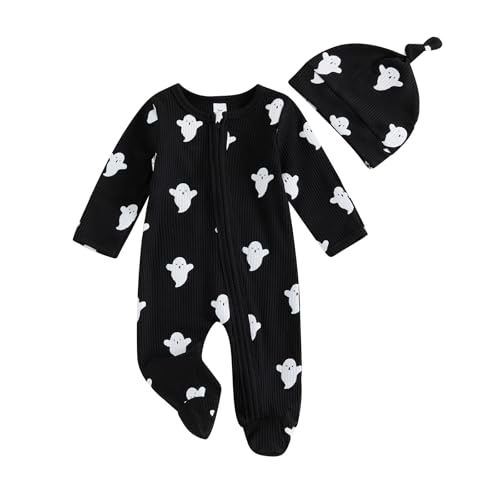 Mein erstes Halloween-Outfit für Babyjungen, Geist, langärmelig, Reißverschluss, Strampler, Overall, Neugeborenen-Herbstkleidung, Mütze (Black, 6-12 Months) von Alaurbeauty
