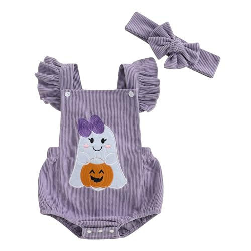 Mein erstes Halloween-Outfit für Babymädchen, Neugeborenen-Overall mit Fliegenärmeln, Geister-Spielanzug, niedliche Halloween-Kleidung für Kleinkinder (Purple, 3-6 Months) von Alaurbeauty