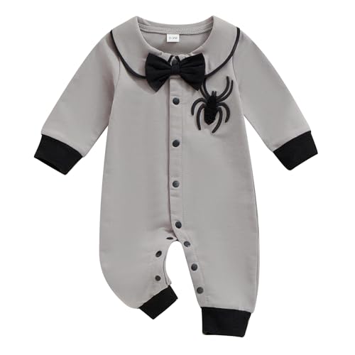 Neugeborenes Baby Junge Halloween Outfit Langarm Spinne Stickerei Strampler Fliege Overall Halloween Kostüme 0-18M (Gray, 3-6 Months) von Alaurbeauty