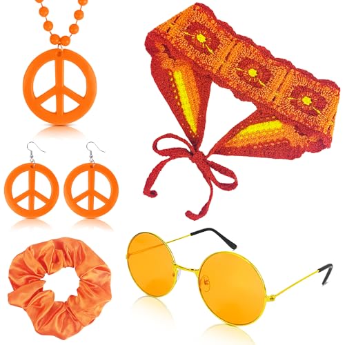 Alaxciax 6 Stück Hippie Kostüm Damen Set, Hippie Accessoires mit Brille Blume Stricken Stirnband Peace Sign Halskette 70er Jahre Accessoires fur Karneval Party von Alaxciax