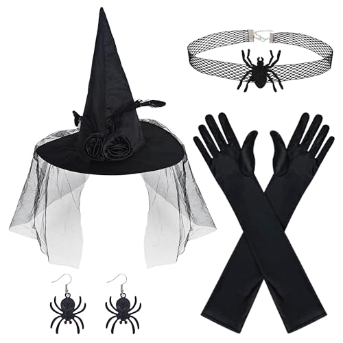 Alaxciax Hexenhut, Hexenkostüm Damen Set Hexen Zubehör mit Handschuhen Ohrringen Und Halsband Hexen Kostüm für Mädchen Halloween Cosplay von Alaxciax