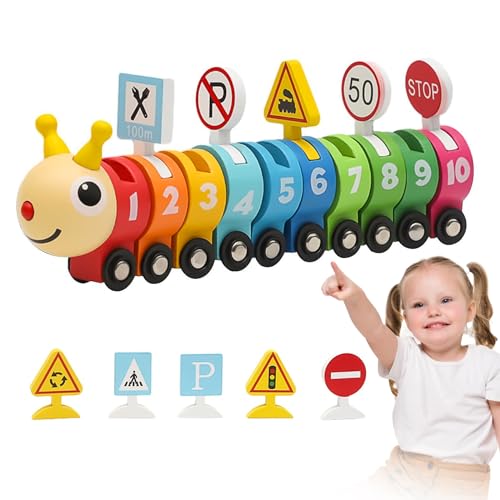Aleevii Holzspielzeug, Montessori-Spielzeug,Zählen Lernen Holz Zug Spielzeug für Kinder ab 3 Jahre Lernspielzeug mit Verkehrszeichen-Blöcken Kleinkind Spielzeug für Vorschulkinder von Aleevii