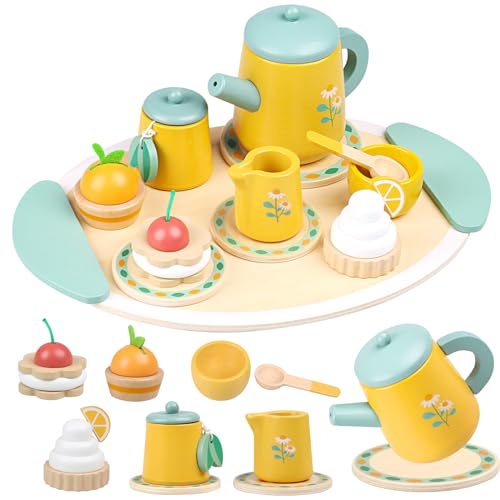 Aleevii Kinderküche Kinderküche Zubehör für Teeservice Rollenspiele ab 3 Jahre Holz Kinder Tee Set Simulierter Nachmittagstee Spielzeug für Kinder von Aleevii