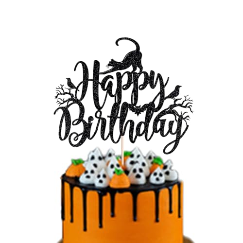 Halloween Happy Birthday Tortenaufsatz – Happy Birthday Dekorationen mit schwarzem Glitzer, Katzenbaum, Fledermaus-Thema, Party-Dekoration von Alewoaly