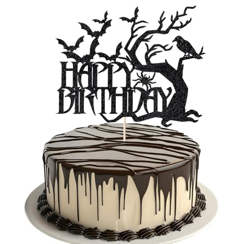 Halloween-Kuchenaufsatz "Happy Birthday", Fledermauskrähenbaum, schwarzer Glitzer-Kuchenzubehör, gruseliger Geburtstag, Motto-Party-Dekoration, schwarzer Glitzer Halloween-Kuchenaufsatz "Happy Birthday", Fledermauskrähenbaum, schwarzer Glitzer-Kuchenzubehör, gruseliger Geburtstag, Motto-Party-Dekoration, schwarzer Glitzer von Alewoaly