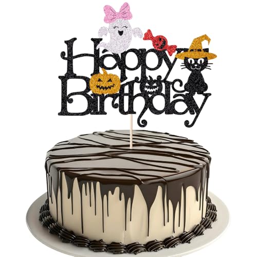 Halloween-Kuchenaufsatz – Kürbis-Geist, Süßigkeiten, Katze, schwarzer Glitzer, Kuchenzubehör, Halloween-Geburtstagsdekorationen, gruselige Geburtstagsparty-Dekoration, schwarzer Glitzer von Alewoaly