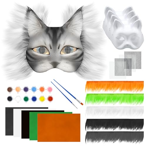 Alftek Therian-Maske, 23-teiliges Therian-Katzenmasken-Set, pelzige Maske, Katzenmaske, selbstklebender Filzstoff, 5 Farben mit 4 Augenmaschen für Halloween, Maskerade, Cosplay-Party von Alftek