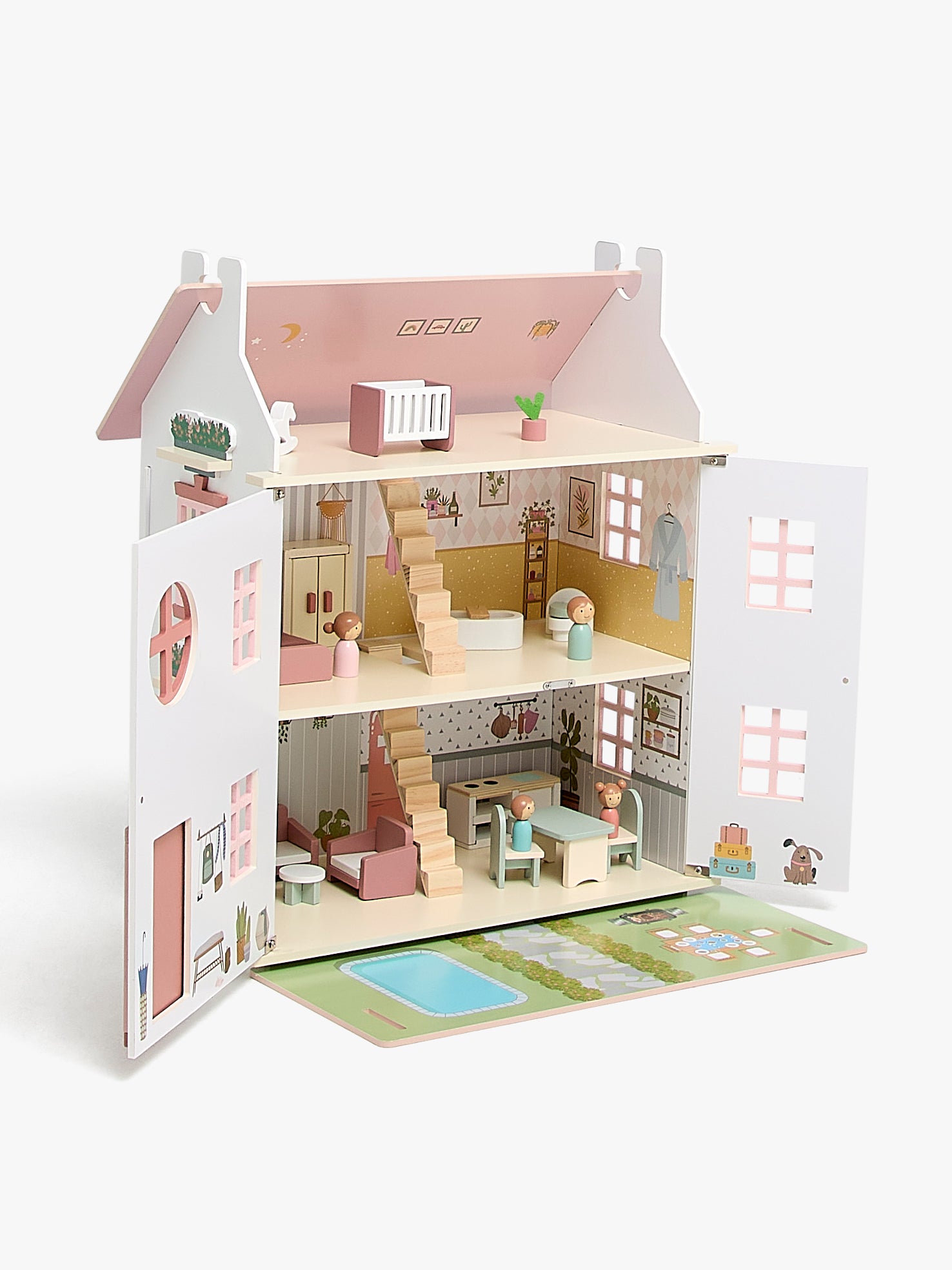 Alice &  Fox Puppenhaus mit Möbel &  4 Puppen, Rosa, Holz von Alice & Fox