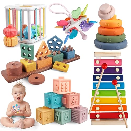Aliex Baby Spielzeug, 6 in 1 Montessori Spielzeug | Motorikspielzeug | Xylophon | Stapelturm | Holzspielzeug | Motorikwürfel, Geschenk für Baby ab 6 9 12 Monate 1 2 3 Jahr von Aliex