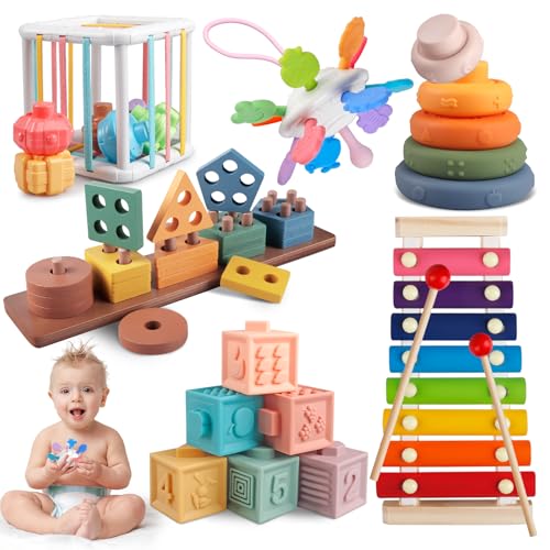 Aliex Baby Spielzeug, 6 in 1 Montessori Spielzeug | Motorikspielzeug | Xylophon | Stapelturm | Holzspielzeug | Motorikwürfel, Geschenk für Baby ab 6 9 12 Monate 1 2 3 Jahr von Aliex