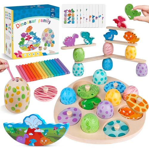 Aliex 4 in 1 Holzspielzeug ab 2 3 4 Jahre, Baby Montessori Spielzeug Dinosaurier Holzpuzzle Dino Eier Farbe Stapeln Sortieren Motorikspielzeug Lernspiele Geschenk für Kinder ab 1 Jahr von Aliex