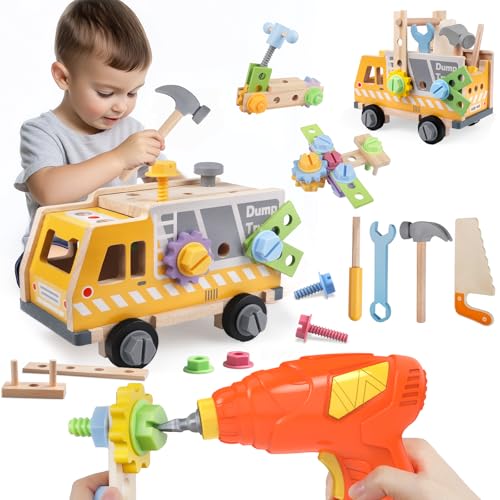 Aliex Werkzeugkoffer Kinder Werkbank Werkzeug LKW mit Bohrmaschine Montessori Holzspielzeug ab 3 4 5 Jahre, Werkzeugkasten Lernspiele Jungen Mädchen Geschenk von Aliex