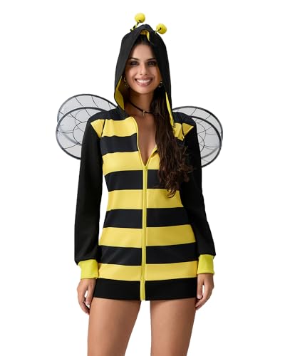 Alinelle Bienen-Cosplay-Kostüm-Set für Damen, Halloween, Bienenkleid mit Beinärmeln, Flügeln, Stirnband für Rollenspiel-Zubehör, Partykleidung (Gelb, D, M) von Alinelle