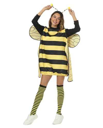 Alinelle Bienen-Cosplay-Kostüm-Set für Damen, Halloween, Bienenkleid mit Beinärmeln, Flügeln, Stirnband für Rollenspiel-Zubehör, Partykleidung (Gelb B, M) von Alinelle