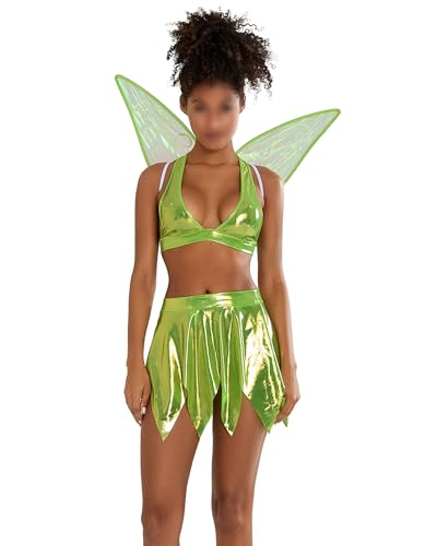 Alinelle Glänzende Halloween-Outfits für Damen, Neckholder-BH, Oberteil und Minirock mit Flügeln, Festival, Cosplay, Verkleidung (Hellgrün, A, S) von Alinelle