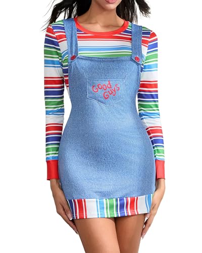 Alinelle Halloween-Kostüm für Damen, gruselige Killer-Puppe, langärmelig, Rundhalsausschnitt, gestreiftes Oberteil, Strapskleid, 2-teiliges Cosplay-Set (Mehrfarbig A, M) von Alinelle