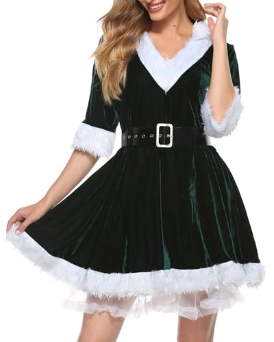 Weihnachtsmann-Cosplay-Kostüm für Damen, Plüschbesatz, V-Ausschnitt, A-Linie, Kleid, Weihnachten, Rollenspiel, Mottoparty, Verkleidung (Grün, A, XXL) von Alinelle