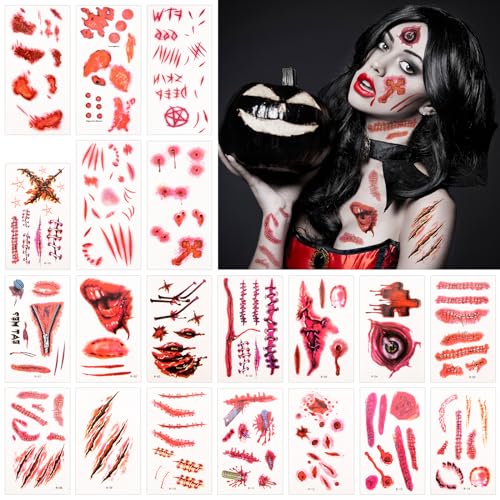 Alintor Halloween Tattoo, Schminke - Kostüm Damen Kinder Gruselig , 180 Pcs(5 Große+15 Kleine Blatt) Gesicht Zombie Vampir Narben Wunden Aufkleber von Alintor