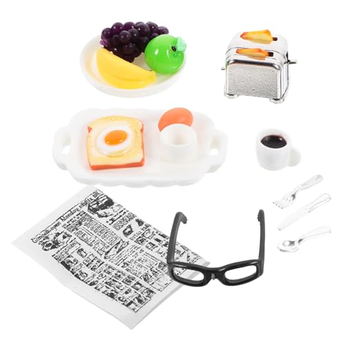 1 Set Puppenhaus-Miniatur-Frühstücksküchenzubehör Mini-Toastmaschine Brot Milchbecher Eier Obstteller Löffel Für Die Puppenhaus-Küchenszene von Alipis