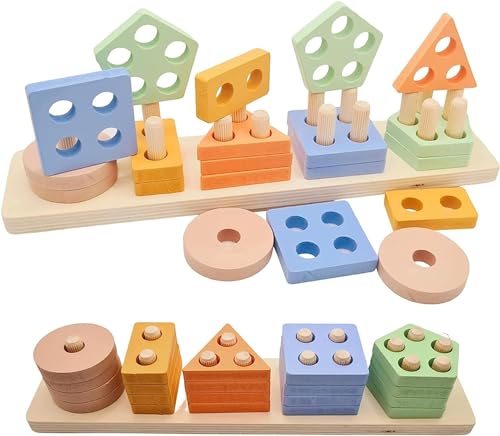 Montessori Lernspiel aus Holz für Kinder von 1 2 bis 3 Jahren – Geometrisches Formspielzeug zum Sortieren und Stapeln – Lernspielzeug aus Farben und Formen – Holzpuzzle für Kinder von Alkhomsa