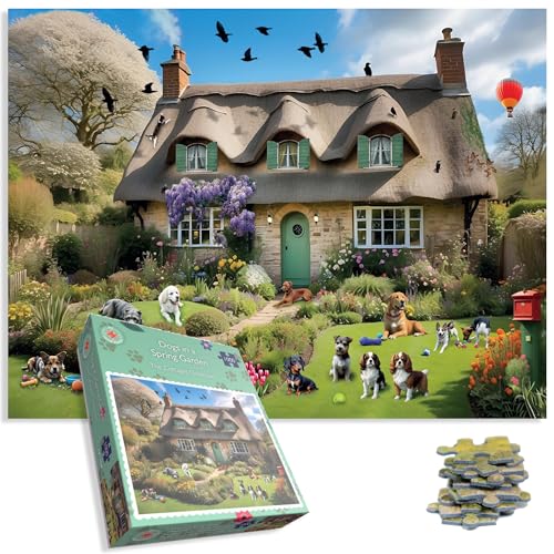 1000-teiliges Puzzle-Set mit Hunden in einem Frühlings-Garten-Set in britischer Landschaft, für Erwachsene und Familienspaß von All Jigsaw Puzzles