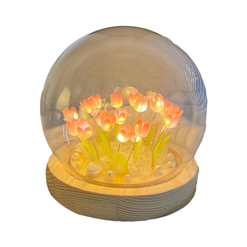 Allayu Romantisches DIY Tulpen Nachtlicht, genießen Sie einen ruhigen Abend, Simulationsblume, Schlafzimmer, Schlaftischlampe, Glas, pflegeleicht, Rosa von Allayu