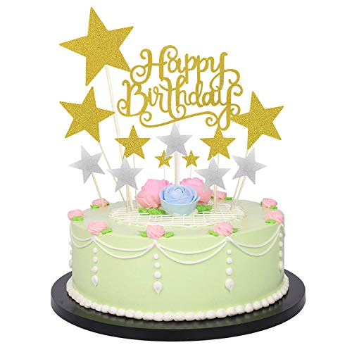 Allazone 1 Stück Gold Happy Birthday Cake Topper Gold Geburtstagstorte Dekoration und 12 Stück Pentacle Stars Cake Topper Dekoration für Party Dekoration Allazone 1 Stück Gold Happy Birthday Cake Topper Gold Geburtstagstorte Dekoration und 12 Stück Pentacle Stars Cake Topper Dekoration für Party Dekoration von Allazone